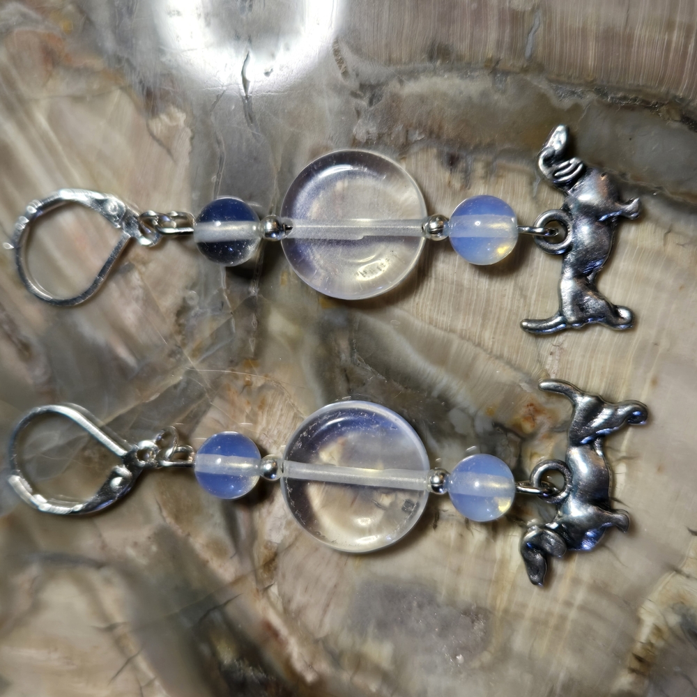 Opalite Earrings With Silver Dachshund Charms